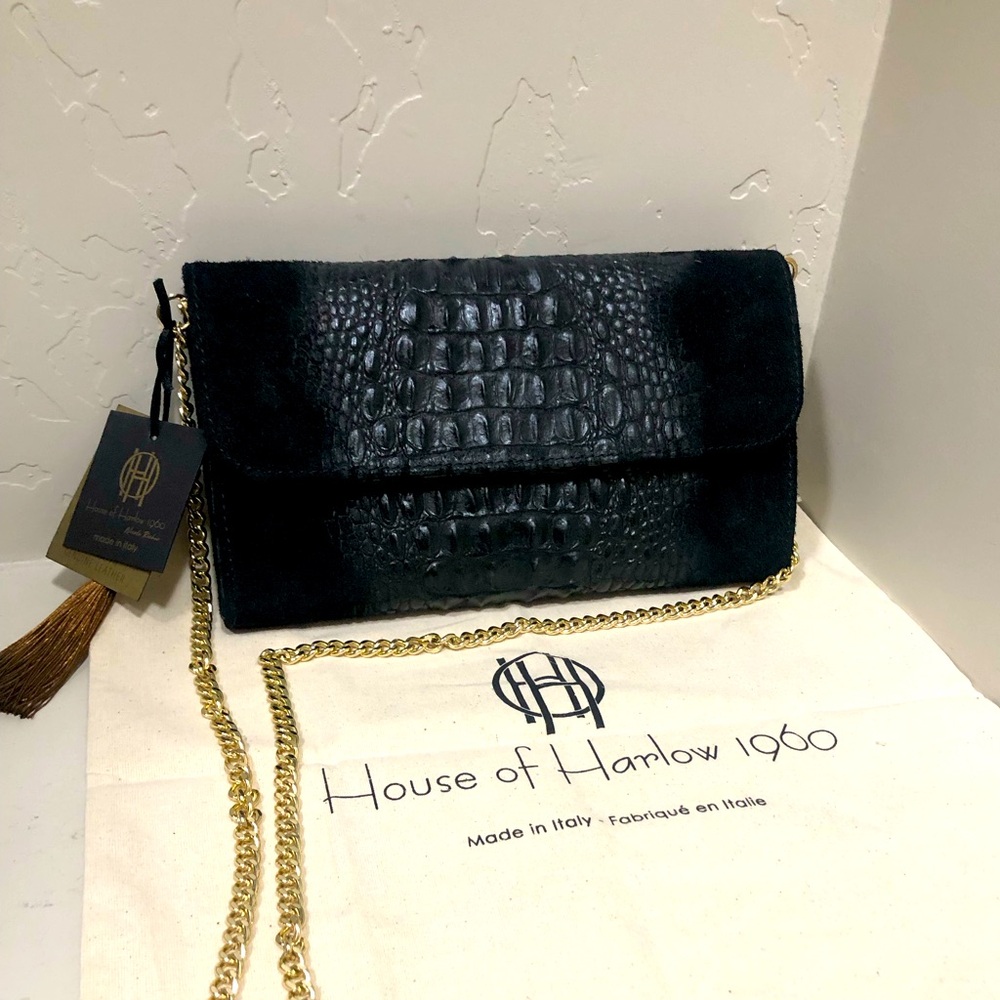 House of Harlow black leather clutch with dust bag gold hardware
